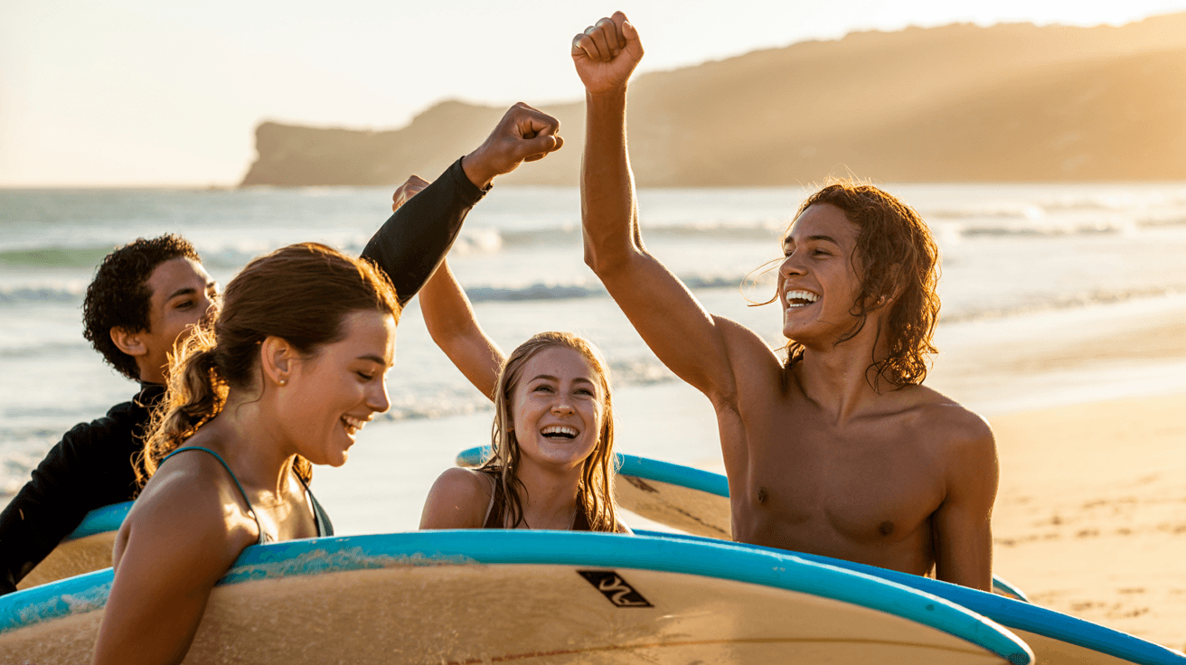 Surfers celebrating after lesson